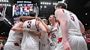 Feb 8, 2025; Pullman, Washington, USA; Washington State Cougars celebrate after the game against the Pepperdine Waves at Friel Court at Beasley Coliseum. Washington State Cougars won 87-86. Mandatory Credit: James Snook-Imagn Images