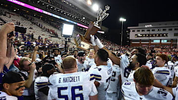 Sep 20, 2025; Pullman, Washington, USA; Washington Huskies celebrate after a game against the Washington State Cougars at Gesa Field at Martin Stadium. Washington Huskies won 59-24. Mandatory Credit: James Snook-Imagn Images