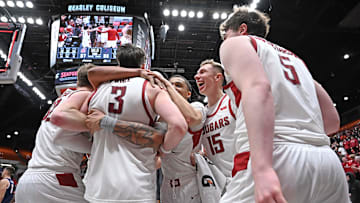 Feb 8, 2025; Pullman, Washington, USA; Washington State Cougars celebrate after the game against the Pepperdine Waves at Friel Court at Beasley Coliseum. Washington State Cougars won 87-86. Mandatory Credit: James Snook-Imagn Images