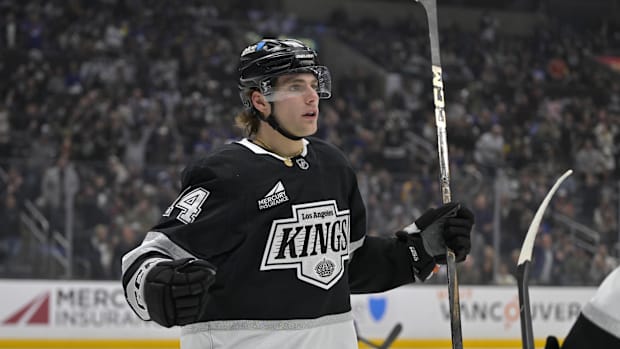 Hockey player in black unifor