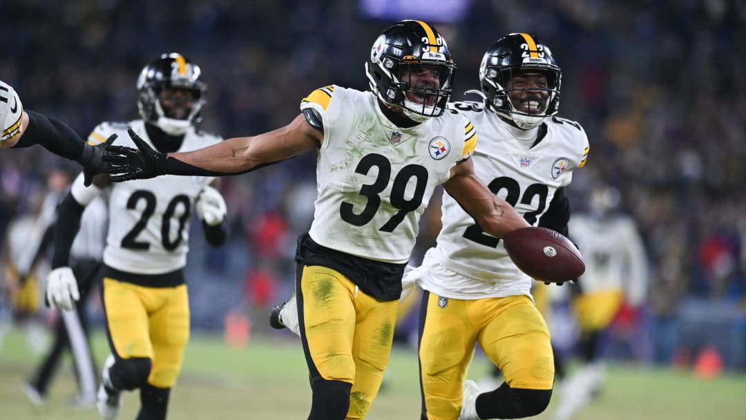 Jan 1, 2023; Baltimore, Maryland, USA; Pittsburgh Steelers safety Minkah Fitzpatrick (39) celebrators a fourth quarter interception against the Baltimore Ravens at M&T Bank Stadium. Mandatory Credit: Tommy Gilligan-USA TODAY Sports