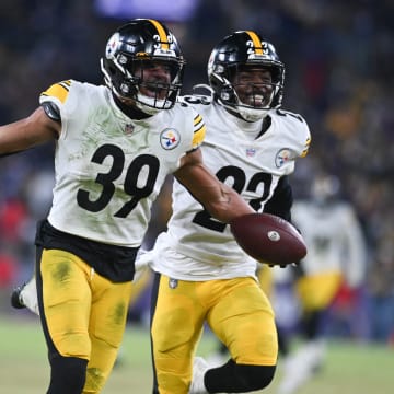 Jan 1, 2023; Baltimore, Maryland, USA; Pittsburgh Steelers safety Minkah Fitzpatrick (39) celebrators a fourth quarter interception against the Baltimore Ravens at M&T Bank Stadium. Mandatory Credit: Tommy Gilligan-USA TODAY Sports
