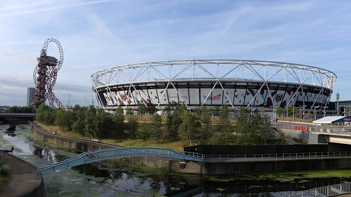 Jul 21, 2019; London, United Kingdom; General overall view of London Stadium and ArcelorMittal Orbit at Queen Elizabeth Olympic Park. The venue, home of the West Ham United soccer team of the Premier League, served as the site of the 2012 London Olympics opening and closing ceremonies and track and field competition.  Mandatory Credit: Kirby Lee-Imagn Images