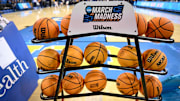 Feb 5, 2025; Los Angeles, California, USA; A rack of basketballs with the March Madness logo before that start of the UCLA Bruins - Ohio State Buckeyes game at Pauley Pavilion presented by Wescom. Mandatory Credit: Robert Hanashiro-Imagn Images