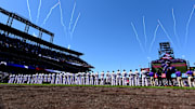 Apr 8, 2022; Denver, Colorado, USA; General wide view of fireworks before the game between the Los Angeles Dodgers against the Colorado Rockies at Coors Field.