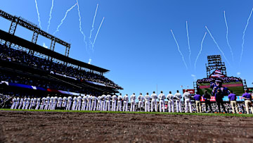Apr 8, 2022; Denver, Colorado, USA; General wide view of fireworks before the game between the Los Angeles Dodgers against the Colorado Rockies at Coors Field.