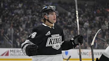 Mar 29, 2025; Los Angeles, California, USA; Los Angeles Kings right wing Alex Laferriere (14) reacts after scoring a goal in the second period against the Toronto Maple Leafs at Crypto.com Arena. Mandatory Credit: Jayne Kamin-Oncea-Imagn Images