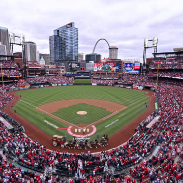 Apr 4, 2024; St. Louis, Missouri, USA;  A general view as the Budweiser Clydesdales trot around the warning track before the St. Louis Cardinals home opener against the Miami Marlins at Busch Stadium. Mandatory Credit: Jeff Curry-USA TODAY Sports