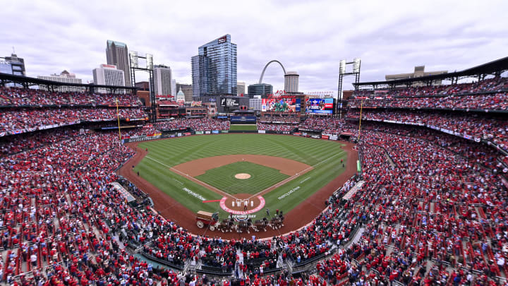 Apr 4, 2024; St. Louis, Missouri, USA;  A general view as the Budweiser Clydesdales trot around the warning track before the St. Louis Cardinals home opener against the Miami Marlins at Busch Stadium. Mandatory Credit: Jeff Curry-USA TODAY Sports