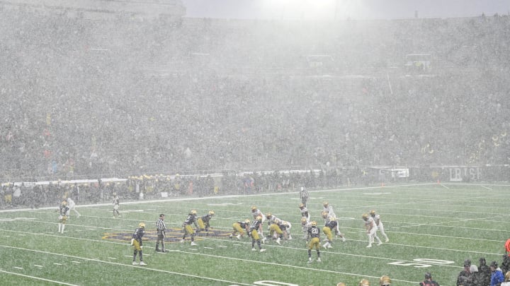 Nov 19, 2022; South Bend, Indiana, USA; Heavy snow falls in the third quarter of the game between the Notre Dame Fighting Irish and the Boston College Eagles at Notre Dame Stadium. Mandatory Credit: Matt Cashore-USA TODAY Sports