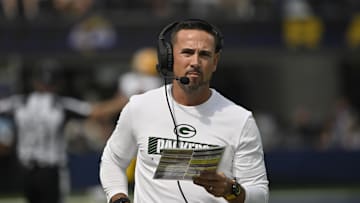 Oct 6, 2024; Inglewood, California, USA; Green Bay Packers head coach Matt LaFleur on the sidelines during the first quarter against the Los Angeles Rams at SoFi Stadium. Mandatory Credit: Robert Hanashiro-Imagn Images