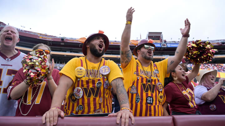 Sep 10, 2023; Landover, Maryland, USA;  Washington Commanders fans reacts during the first half against the Arizona Cardinals at FedExField. 