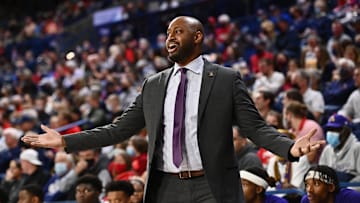 Nov 15, 2021; Spokane, Washington, USA; Alcorn State Braves head coach Landon Bussie reacts after a foul call during a game against the Gonzaga Bulldogs in the first half at McCarthey Athletic Center. Mandatory Credit: James Snook-Imagn Images