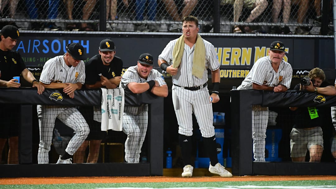 Southern Miss Golden Eagles players react during the game against the Columbia Lions during a 2025 NCAA Hattiesburg Regional game at Pete Taylor Park in Hattiesburg, Mississippi, on May 30, 2025.