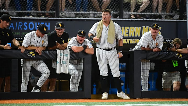 Southern Miss Golden Eagles players react during the game against the Columbia Lions during a 2025 NCAA Hattiesburg Regional game at Pete Taylor Park in Hattiesburg, Mississippi, on May 30, 2025.