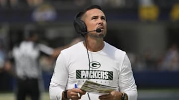 Oct 6, 2024; Inglewood, California, USA; Green Bay Packers head coach Matt LaFleur on the sidelines during the first quarter against the Los Angeles Rams at SoFi Stadium. Mandatory Credit: Robert Hanashiro-Imagn Images