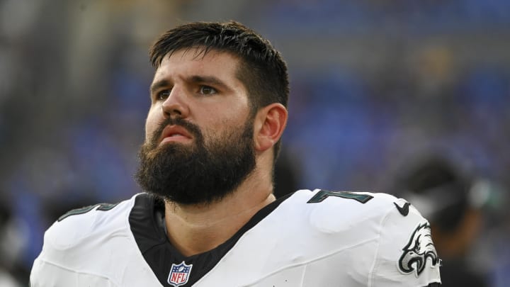 Aug 9, 2024; Baltimore, Maryland, USA;Philadelphia Eagles center Matt Hennessy (76)  stands on the sidelines  during the first half of a preseason game against the Baltimore Ravens at M&T Bank Stadium. Mandatory Credit: Tommy Gilligan-USA TODAY Sports