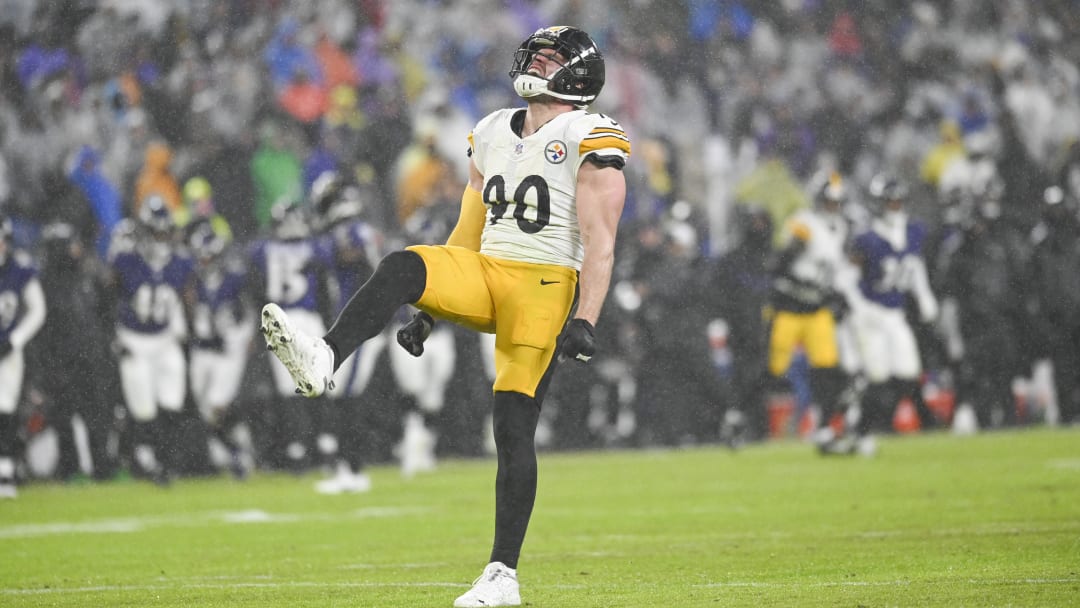 Jan 6, 2024; Baltimore, Maryland, USA;  Pittsburgh Steelers linebacker T.J. Watt (90) reacts after sacking Baltimore Ravens quarterback Tyler Huntley (2) in the third quarter  at M&T Bank Stadium. Mandatory Credit: Tommy Gilligan-USA TODAY Sports