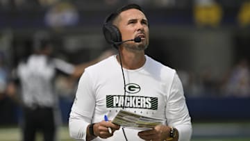 Oct 6, 2024; Inglewood, California, USA; Green Bay Packers head coach Matt LaFleur on the sidelines during the first quarter against the Los Angeles Rams at SoFi Stadium. Mandatory Credit: Robert Hanashiro-Imagn Images