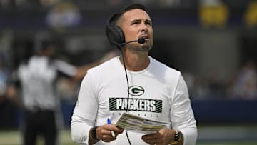 Oct 6, 2024; Inglewood, California, USA; Green Bay Packers head coach Matt LaFleur on the sidelines during the first quarter against the Los Angeles Rams at SoFi Stadium. Mandatory Credit: Robert Hanashiro-Imagn Images