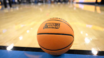 A basketball with the March Madness logo before that start of the UCLA Bruins - Ohio State Buckeyes game at Pauley Pavilion presented by Wescom. 