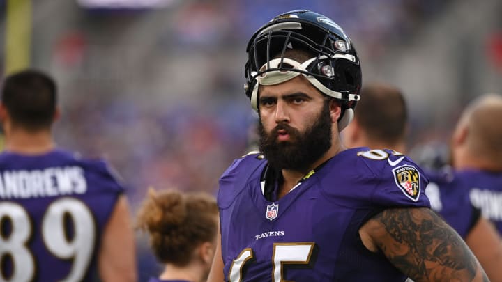 Aug 27, 2022; Baltimore, Maryland, USA;  Baltimore Ravens guard Patrick Mekari (65) during the first quarter against the Washington Commanders at M&T Bank Stadium. Mandatory Credit: Tommy Gilligan-USA TODAY Sports