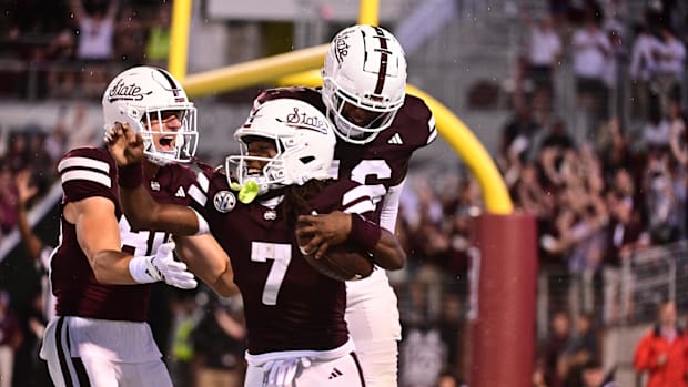 Mississippi State celebrates a touchdown in a Week 1 win over Eastern Kentucky