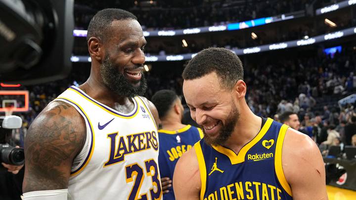 Jan 27, 2024; San Francisco, California, USA; Los Angeles Lakers forward LeBron James (23) and Golden State Warriors guard Stephen Curry (right) talk after the game at Chase Center. Mandatory Credit: Darren Yamashita-Imagn Images