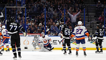 Mar 29, 2025; Tampa, Florida, USA; New York Islanders goaltender Ilya Sorokin (30) looks on after he gave up a goal to Tampa Bay Lightning right wing Nikita Kucherov (86) during the first period at Amalie Arena. Mandatory Credit: Kim Klement Neitzel-Imagn Images