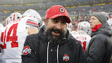 Nov 29, 2025; Ann Arbor, Michigan, USA; Ohio State Buckeyes defensive coordinator Matt Patricia celebrates after the game against the Michigan Wolverines at Michigan Stadium. Mandatory Credit: Rick Osentoski-Imagn Images