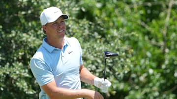 May 23, 2025; Fort Worth, Texas, USA; Nick Hardy watches his shot from the ninth tee during the second round of the Charles Schwab Challenge golf tournament. Mandatory Credit: Jim Cowsert-Imagn Images