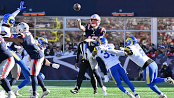 Nov 17, 2024; Foxborough, Massachusetts, USA;  New England Patriots quarterback Drake Maye (10) throws a pass during the first half against the Los Angeles Rams at Gillette Stadium. Mandatory Credit: Eric Canha-Imagn Images