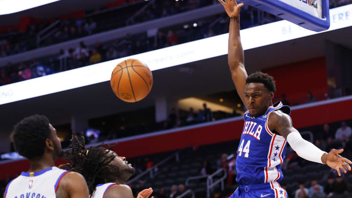 Nov 4, 2021; Detroit, Michigan, USA; Paul Reed (44) dunks the ball in the first half against the Detroit Pistons at Little Caesars Arena. Mandatory Credit: Rick Osentoski-USA TODAY Sports