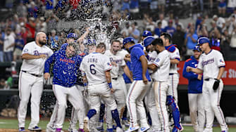 Texas Rangers designated hitter Josh Jung (6) celebrates with his teammates after he hits a walk-off home run. Mandatory Credit: Jerome Miron-Imagn Images