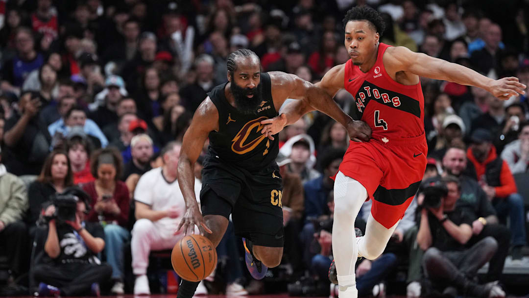 May 1, 2026; Toronto, Ontario, CAN; Cleveland Cavaliers guard James Harden (1) battles with Toronto Raptors forward Scottie Barnes (4) during the third quarter in game six of the first round of the 2026 NBA Playoffs at Scotiabank Arena. Mandatory Credit: Nick Turchiaro-Imagn Images