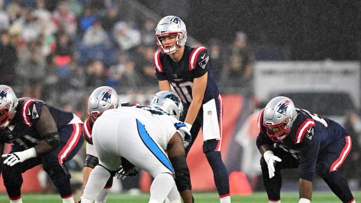 Aug 8, 2024; Foxborough, Massachusetts, USA; New England Patriots quarterback Drake Maye (10) lines up against the Carolina Panthers during the first half at Gillette Stadium. Mandatory Credit: Brian Fluharty-USA TODAY Sports