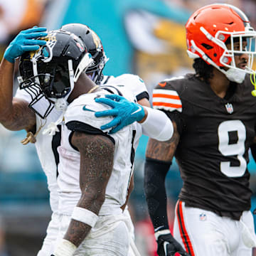 Sep 15, 2024; Jacksonville, Florida, USA; Jacksonville Jaguars running back Travis Etienne Jr (1) celebrates his touchdown against the Cleveland Browns in the third quarter at EverBank Stadium. Mandatory Credit: Jeremy Reper-Imagn Images