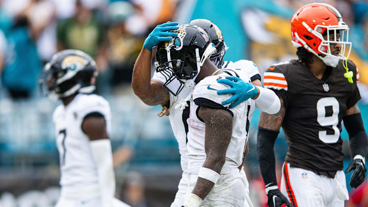 Sep 15, 2024; Jacksonville, Florida, USA; Jacksonville Jaguars running back Travis Etienne Jr (1) celebrates his touchdown against the Cleveland Browns in the third quarter at EverBank Stadium. Mandatory Credit: Jeremy Reper-Imagn Images