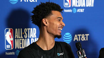 Feb 15, 2025; Oakland, CA, USA; Chuck’s Global Stars forward Victor Wembanyama (1) of the San Antonio Spurs is interviewed during the NBA All Star-Practice at Oakland Arena. Mandatory Credit: Darren Yamashita-Imagn Images