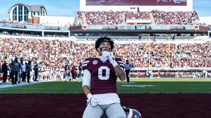 Mississippi State wide receiver Brenen Thompson (0) looks to the sky before a college football game between Mississippi State and Ole Miss at Davis Wade Stadium in Starkville, Miss., on Friday, Nov. 28, 2025. Ole Miss defeated Mississippi State 38-19 in the Egg Bowl.