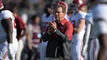 Jan 1, 2024; Pasadena, CA, USA; Alabama Crimson Tide head coach Nick Saban looks before the game against the Michigan Wolverines in the 2024 Rose Bowl college football playoff semifinal game at Rose Bowl. Mandatory Credit: Jayne Kamin-Oncea-Imagn Images