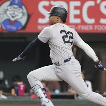 Sep 3, 2024; Arlington, Texas, USA; New York Yankees right fielder Juan Soto (22) bats against the Texas Rangers during the first inning at Globe Life Field.