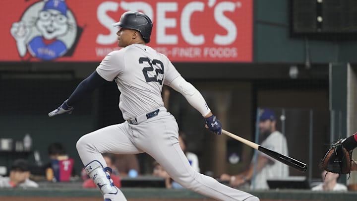 Sep 3, 2024; Arlington, Texas, USA; New York Yankees right fielder Juan Soto (22) bats against the Texas Rangers during the first inning at Globe Life Field.