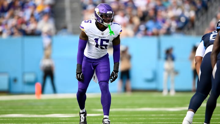 Nov 17, 2024; Nashville, Tennessee, USA; Minnesota Vikings linebacker Dallas Turner (15) against the Tennessee Titans during the first half at Nissan Stadium. Mandatory Credit: Steve Roberts-Imagn Images Nov 17, 2024; Nashville, Tennessee, USA; Minnesota Vikings linebacker Dallas Turner (15) against the Tennessee Titans during the first half at Nissan Stadium. Mandatory Credit: Steve Roberts-Imagn Images