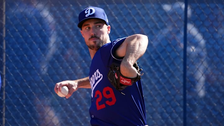 Feb 15, 2025; Glendale, AZ, USA; Los Angeles Dodgers pitcher Michael Grove (29) throws during a Spring Training workout at Camelback Ranch. Mandatory Credit: Joe Camporeale-Imagn Images