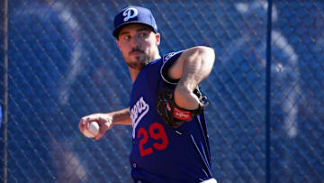 Feb 15, 2025; Glendale, AZ, USA; Los Angeles Dodgers pitcher Michael Grove (29) throws during a Spring Training workout at Camelback Ranch. Mandatory Credit: Joe Camporeale-Imagn Images