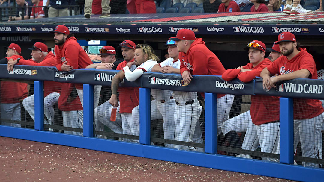 Oct 2, 2025; Cleveland, Ohio, USA;  Cleveland Guardians react after losing the Wildcard round series to the Detroit Tigers for the 2025 MLB playoffs at Progressive Field. Mandatory Credit: Ken Blaze-Imagn Images