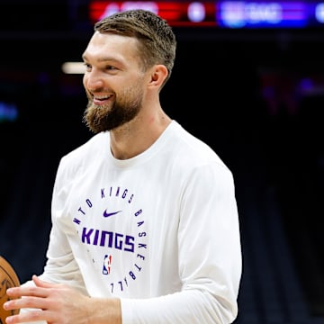 Mar 17, 2025; Sacramento, California, USA; Sacramento Kings forward Domantas Sabonis (11) warms up before a game against the Portland Trail Blazers at Golden 1 Center. Mandatory Credit: Sergio Estrada-Imagn Images