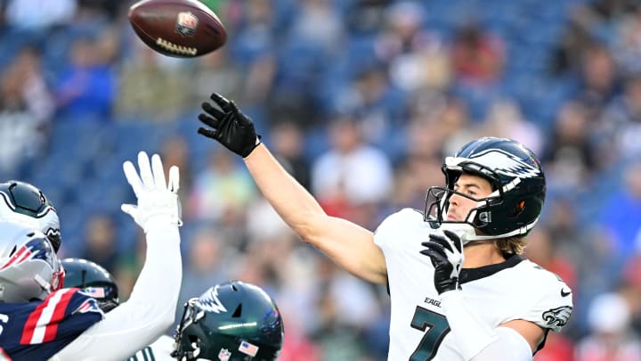 Aug 15, 2024; Foxborough, Massachusetts, USA; Philadelphia Eagles quarterback Kenny Pickett (7) throws the ball against the New England Patriots during the first half at Gillette Stadium. Mandatory Credit: Brian Fluharty-USA TODAY Sports