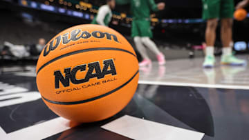 Mar 11, 2025; Kansas City, MO, USA; Practice ball sits on the court prior to the game between the Cincinnati Bearcats and the Oklahoma State Cowboys at T-Mobile Center. Mandatory Credit: William Purnell-Imagn Images